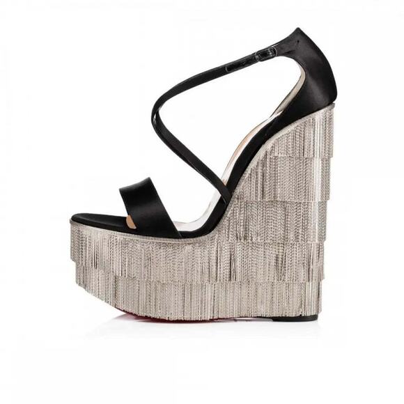 Christian Louboutin Foxtrottissima 160 Black Chain Wedge Sandal Heel Pump 37 - Picture 3 of 12